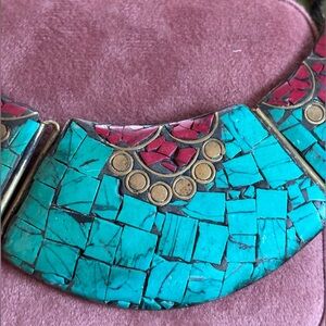 Turquoise and Red Mosaic Necklace